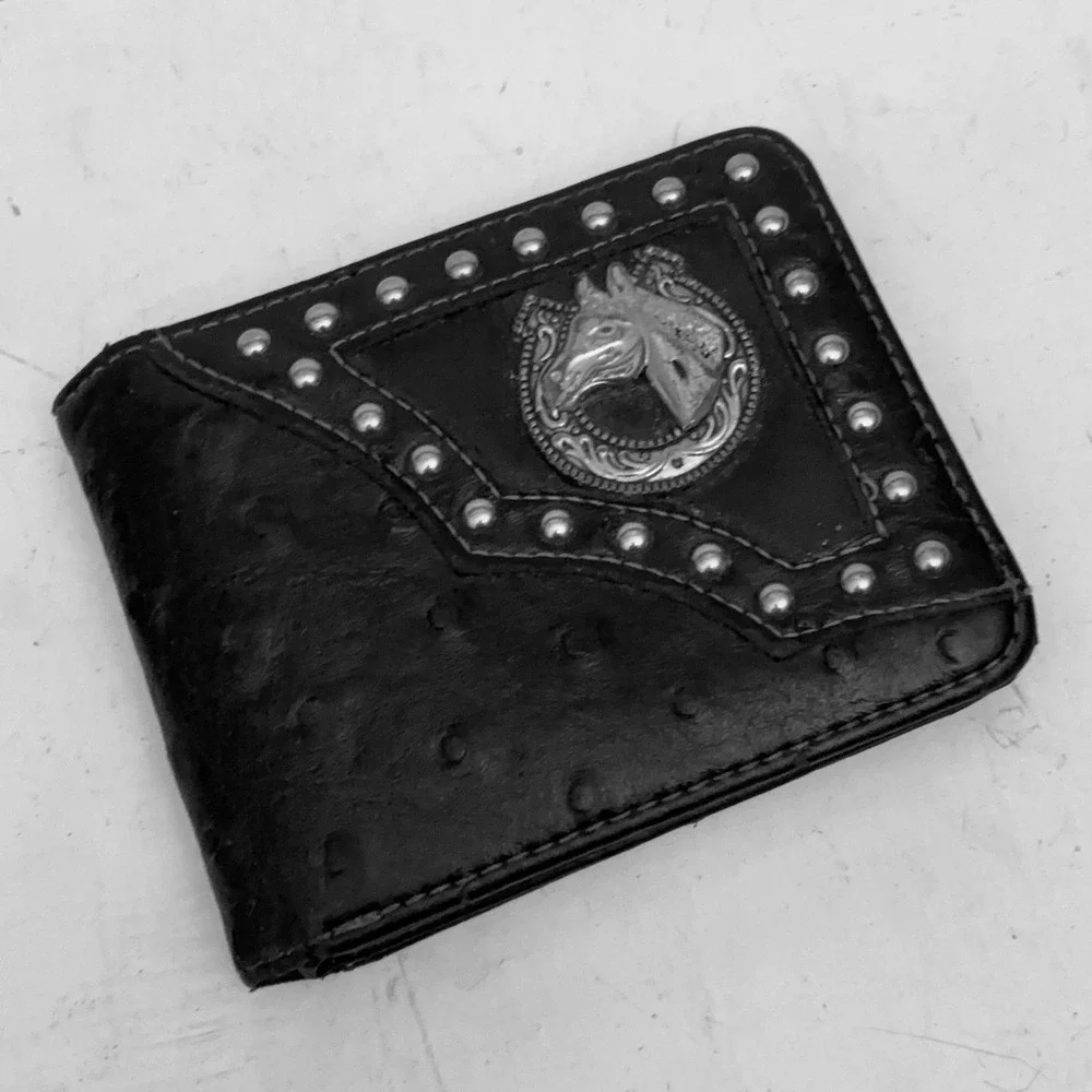 Mens Western Black Ostrich Print Bifold Wallet Studded Horse Head Concho